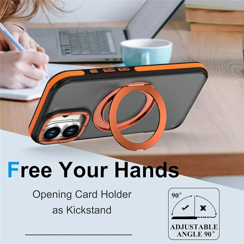 Voor iPhone 16 Magnetische Hoes Dubbele Kleur Draaibare Ring Stand PC + TPU Telefoonhoes - Oranje