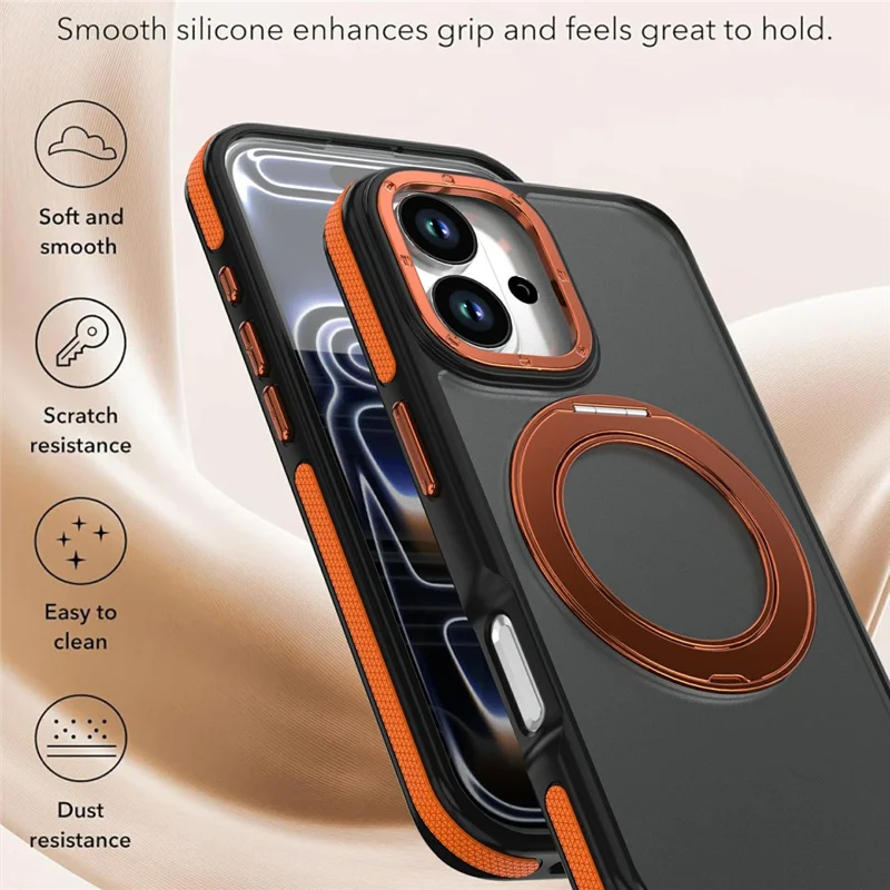 Voor iPhone 16 Magnetische Hoes Dubbele Kleur Draaibare Ring Stand PC + TPU Telefoonhoes - Oranje