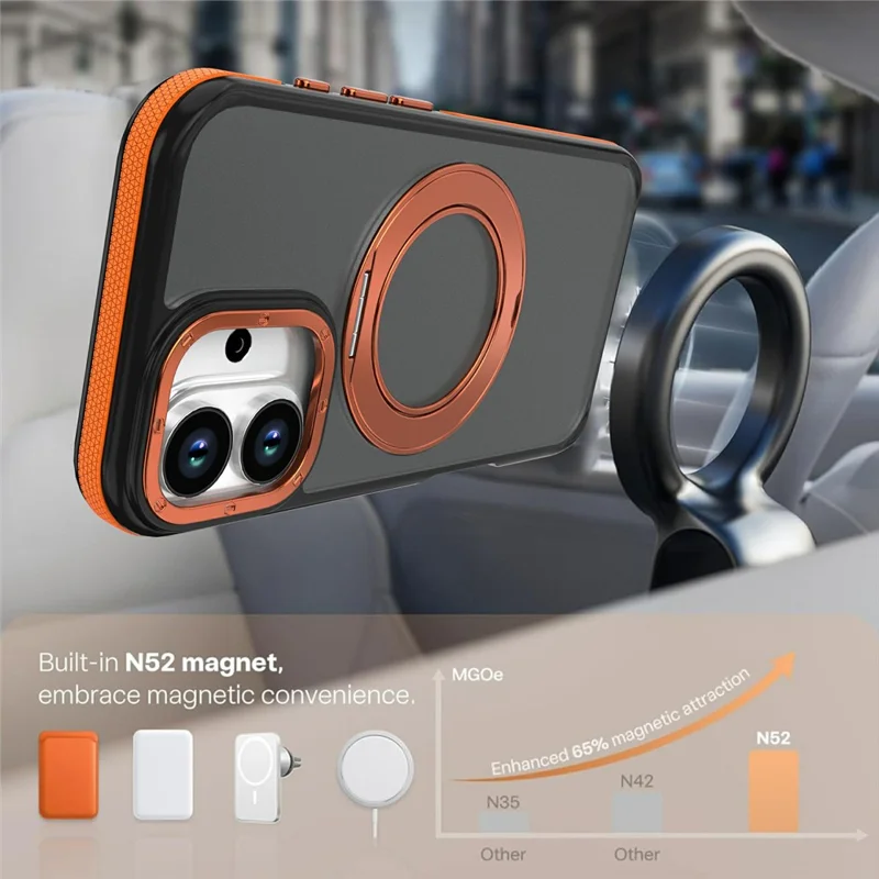 Voor iPhone 16 Magnetische Hoes Dubbele Kleur Draaibare Ring Stand PC + TPU Telefoonhoes - Oranje