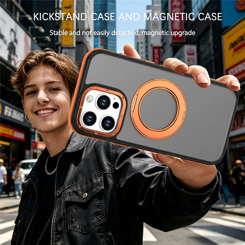 For iPhone 16 Pro Magnetisk Hylse Dobbelt Farve Roterende Ring Støtteben PC + TPU Telefondæksel - Orange