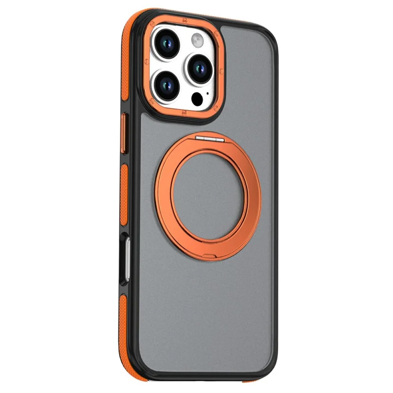 For iPhone 16 Pro Magnetisk Hylse Dobbelt Farve Roterende Ring Støtteben PC + TPU Telefondæksel - Orange