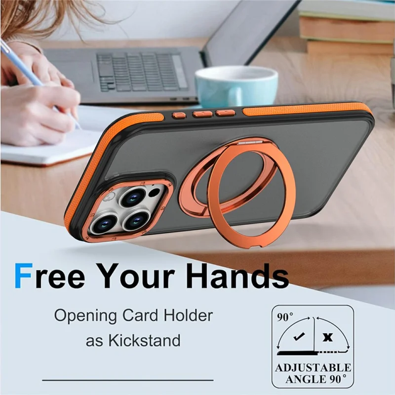 For iPhone 16 Pro Magnetisk Hylse Dobbelt Farve Roterende Ring Støtteben PC + TPU Telefondæksel - Orange