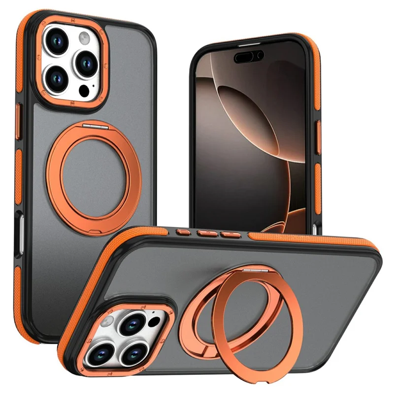 Magnetisk mobilskal med dubbel färg och roterande ställ för iPhone 16 Pro Max, PC + TPU, Orange