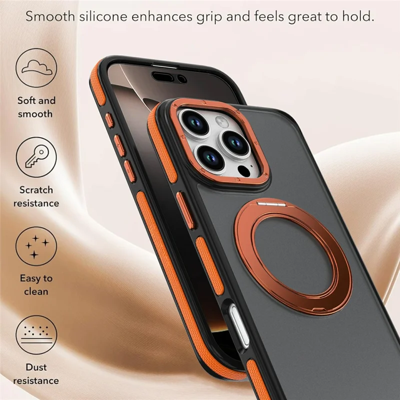 Magnetisk mobilskal med dubbel färg och roterande ställ för iPhone 16 Pro Max, PC + TPU, Orange