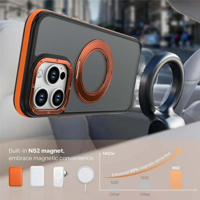 Magnetisk mobilskal med dubbel färg och roterande ställ för iPhone 16 Pro Max, PC + TPU, Orange