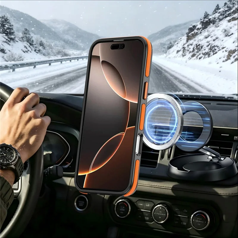Magnetisk mobilskal med dubbel färg och roterande ställ för iPhone 16 Pro Max, PC + TPU, Orange