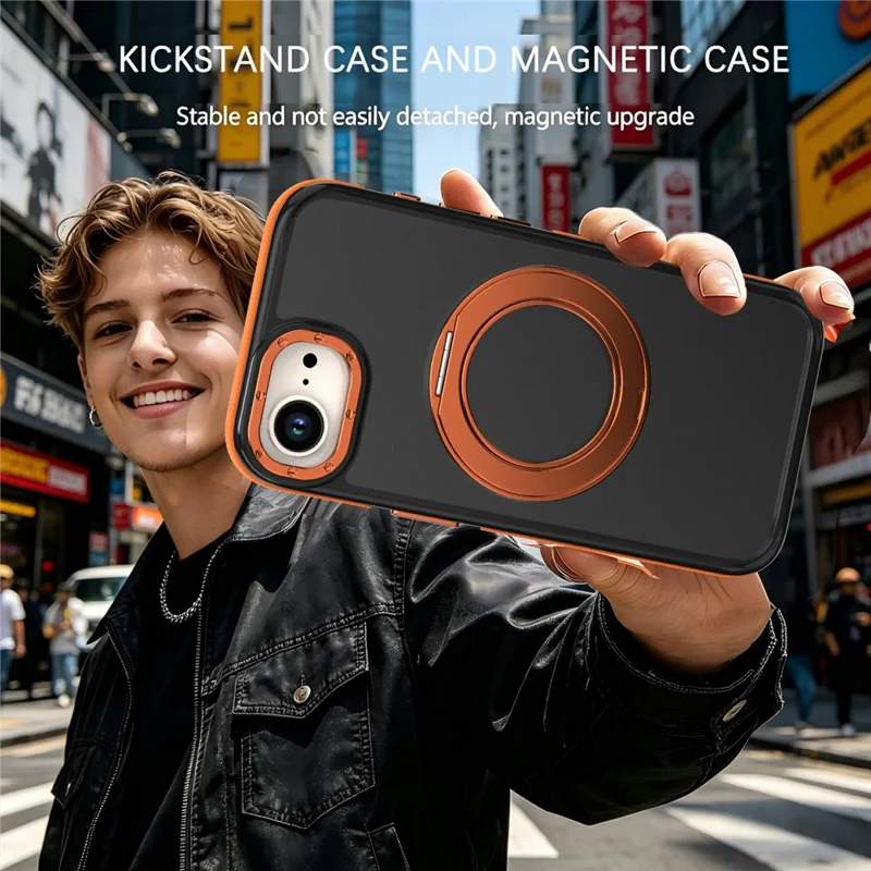 För iPhone 16e / 17e Magnetisk Fodral Dubbelfärg Rotationsring Stativ PC + TPU Mobilskal - Orange