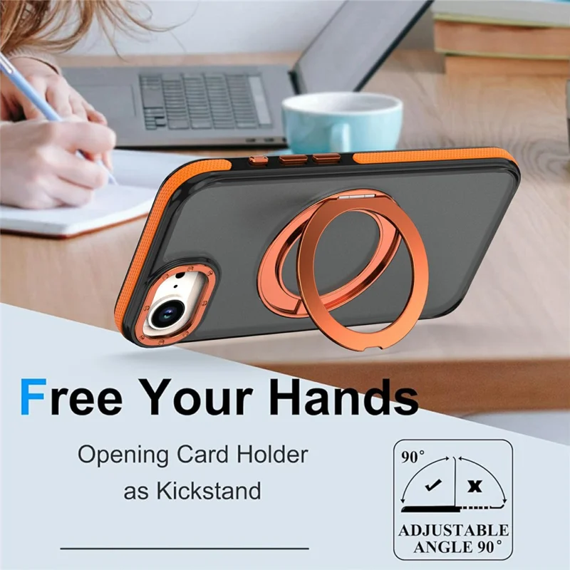 För iPhone 16e / 17e Magnetisk Fodral Dubbelfärg Rotationsring Stativ PC + TPU Mobilskal - Orange