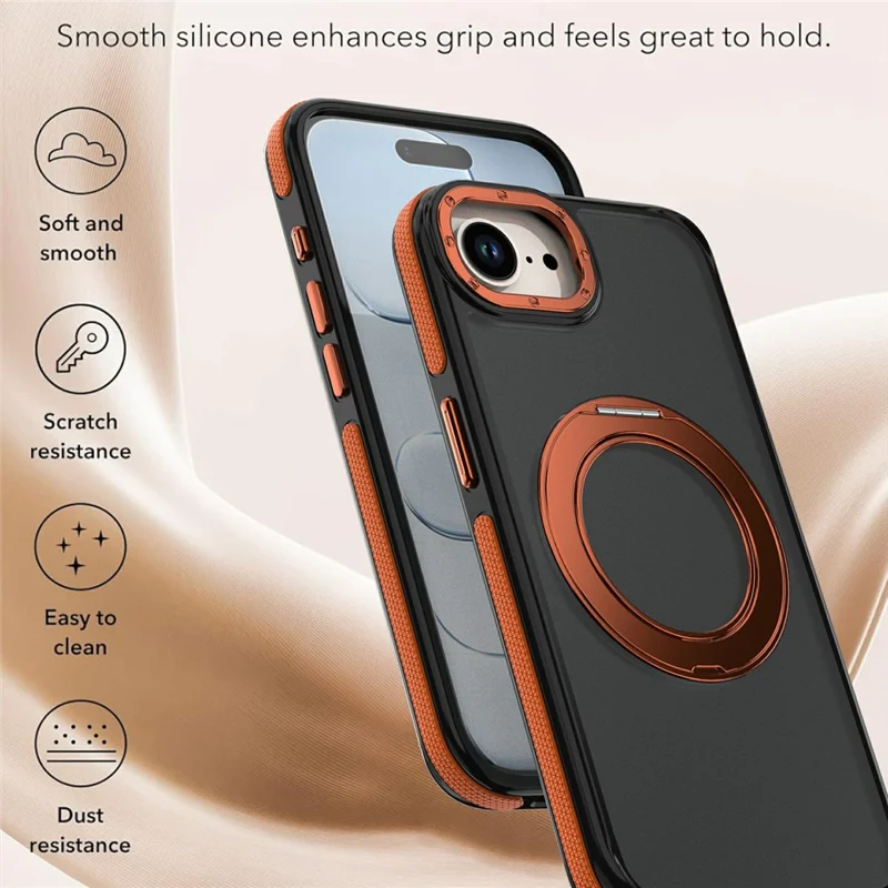 För iPhone 16e / 17e Magnetisk Fodral Dubbelfärg Rotationsring Stativ PC + TPU Mobilskal - Orange