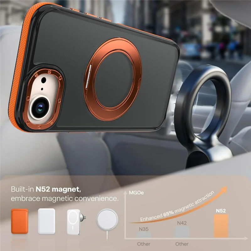 För iPhone 16e / 17e Magnetisk Fodral Dubbelfärg Rotationsring Stativ PC + TPU Mobilskal - Orange