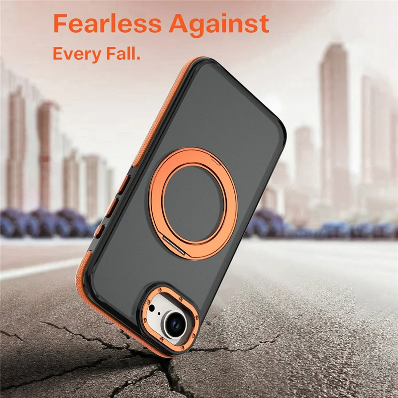 För iPhone 16e / 17e Magnetisk Fodral Dubbelfärg Rotationsring Stativ PC + TPU Mobilskal - Orange