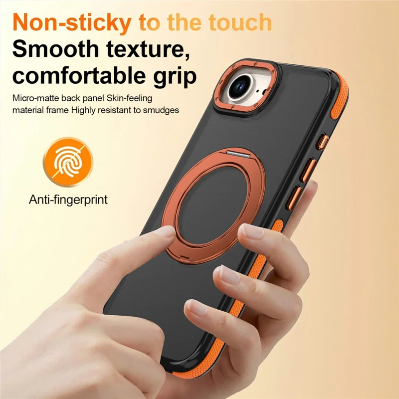 För iPhone 16e / 17e Magnetisk Fodral Dubbelfärg Rotationsring Stativ PC + TPU Mobilskal - Orange