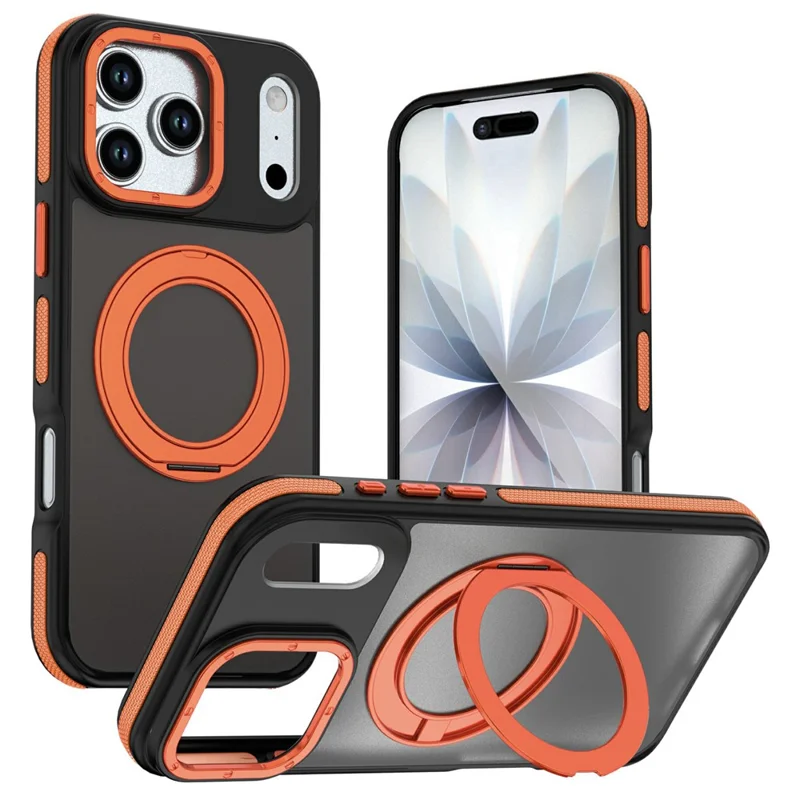 För iPhone 17 Pro Max Magnetisk Skal Dubbelfärg Rotationsring Fodral PC + TPU Telefonhölse - Orange