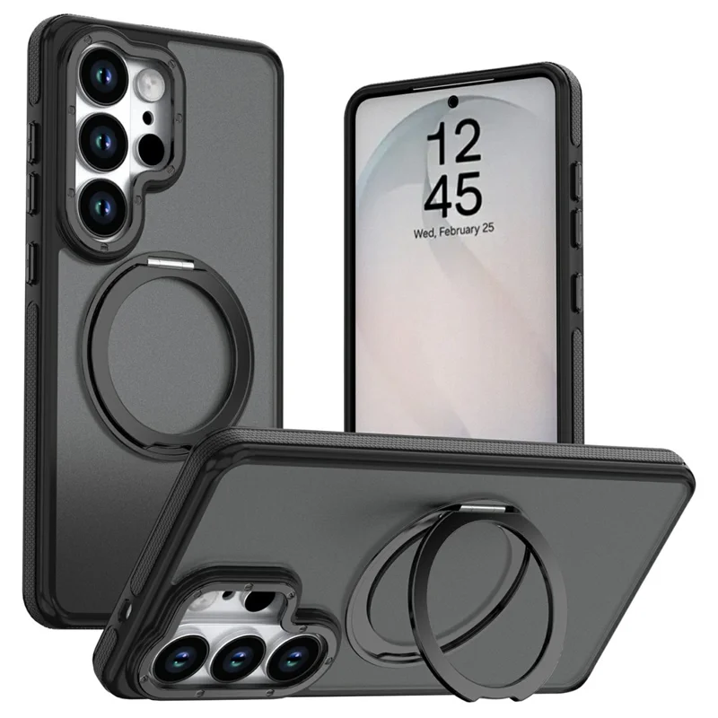 For Samsung Galaxy S23 Ultra Magnetic Case Double Color Rotating Ring Kickstand PC + TPU Phone Cover - Black