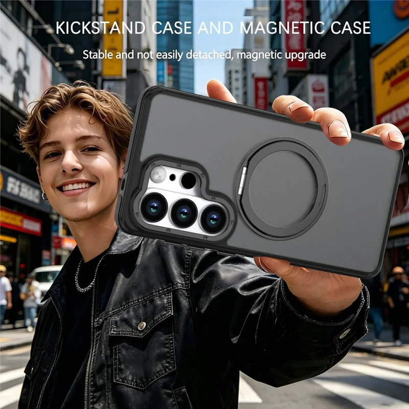 For Samsung Galaxy S23 Ultra Magnetic Case Double Color Rotating Ring Kickstand PC + TPU Phone Cover - Black