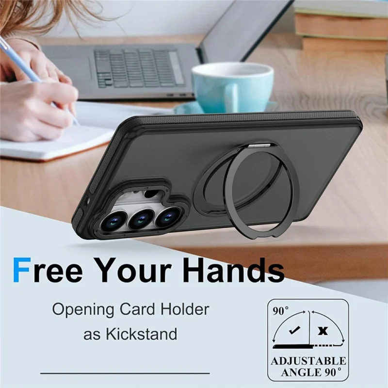 For Samsung Galaxy S23 Ultra Magnetic Case Double Color Rotating Ring Kickstand PC + TPU Phone Cover - Black