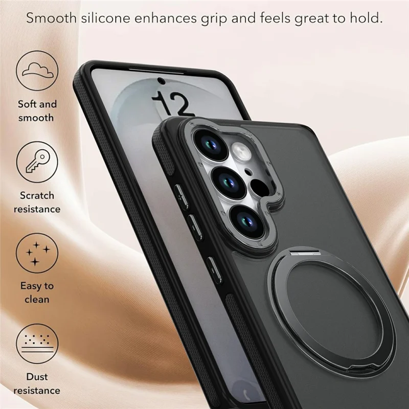 For Samsung Galaxy S23 Ultra Magnetic Case Double Color Rotating Ring Kickstand PC + TPU Phone Cover - Black