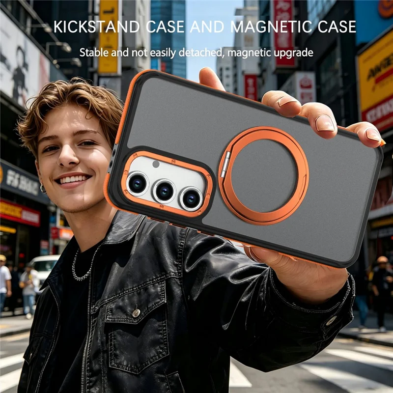 For Samsung Galaxy S23 FE Magnetic Case Double Color Rotating Ring Kickstand PC + TPU Phone Cover - Orange
