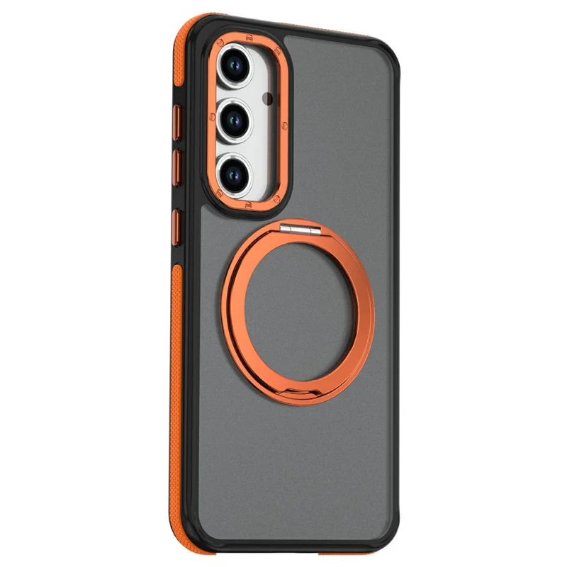 For Samsung Galaxy S23 FE Magnetic Case Double Color Rotating Ring Kickstand PC + TPU Phone Cover - Orange