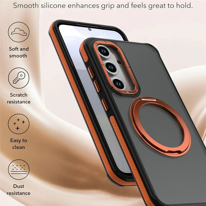 For Samsung Galaxy S23 FE Magnetic Case Double Color Rotating Ring Kickstand PC + TPU Phone Cover - Orange