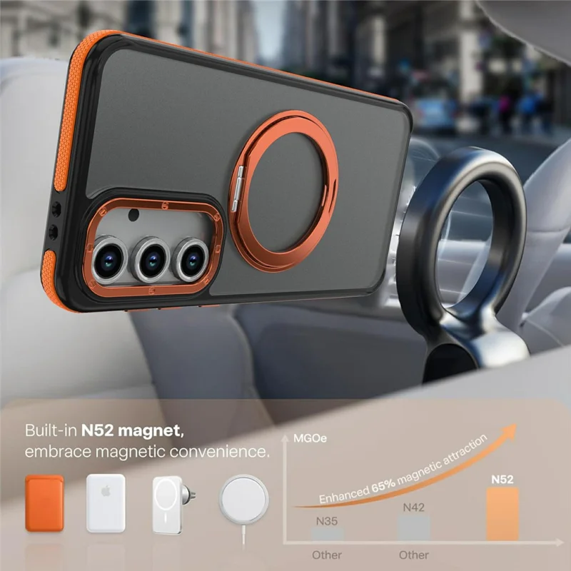 For Samsung Galaxy S23 FE Magnetic Case Double Color Rotating Ring Kickstand PC + TPU Phone Cover - Orange