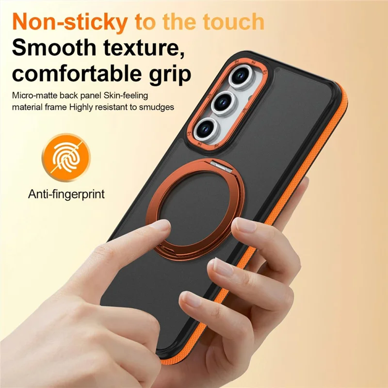 For Samsung Galaxy S23 FE Magnetic Case Double Color Rotating Ring Kickstand PC + TPU Phone Cover - Orange