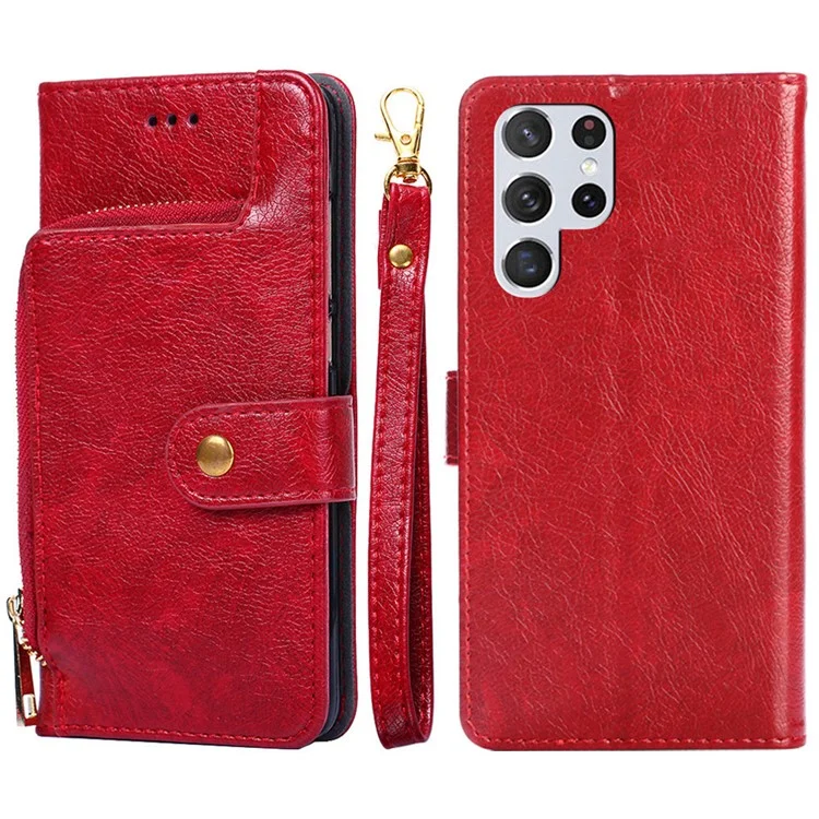Per Samsung Galaxy S23 Ultra Zipper Pocket Phone Case PU Leather Foldable Stand Wallet Cover with Handy Strap - Rosso