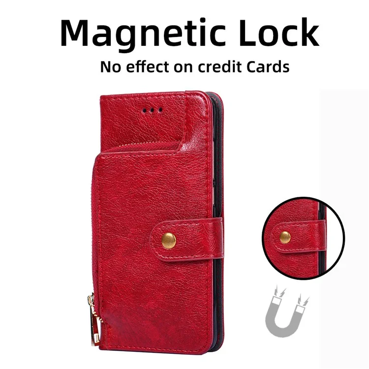 Per Samsung Galaxy S23 Ultra Zipper Pocket Phone Case PU Leather Foldable Stand Wallet Cover with Handy Strap - Rosso