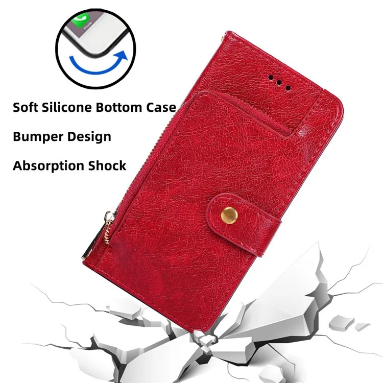 Per Samsung Galaxy S23 Ultra Zipper Pocket Phone Case PU Leather Foldable Stand Wallet Cover with Handy Strap - Rosso