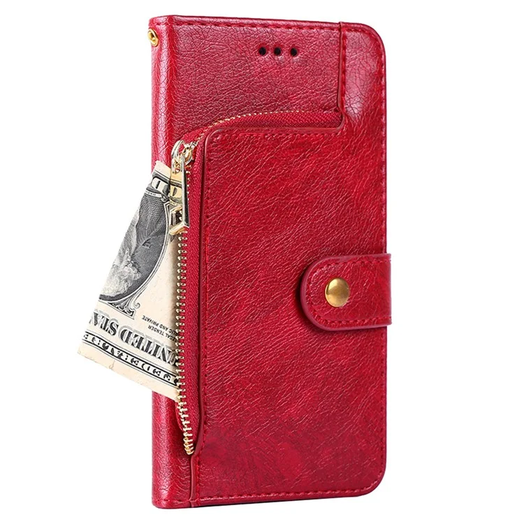 Per Samsung Galaxy S23 Ultra Zipper Pocket Phone Case PU Leather Foldable Stand Wallet Cover with Handy Strap - Rosso
