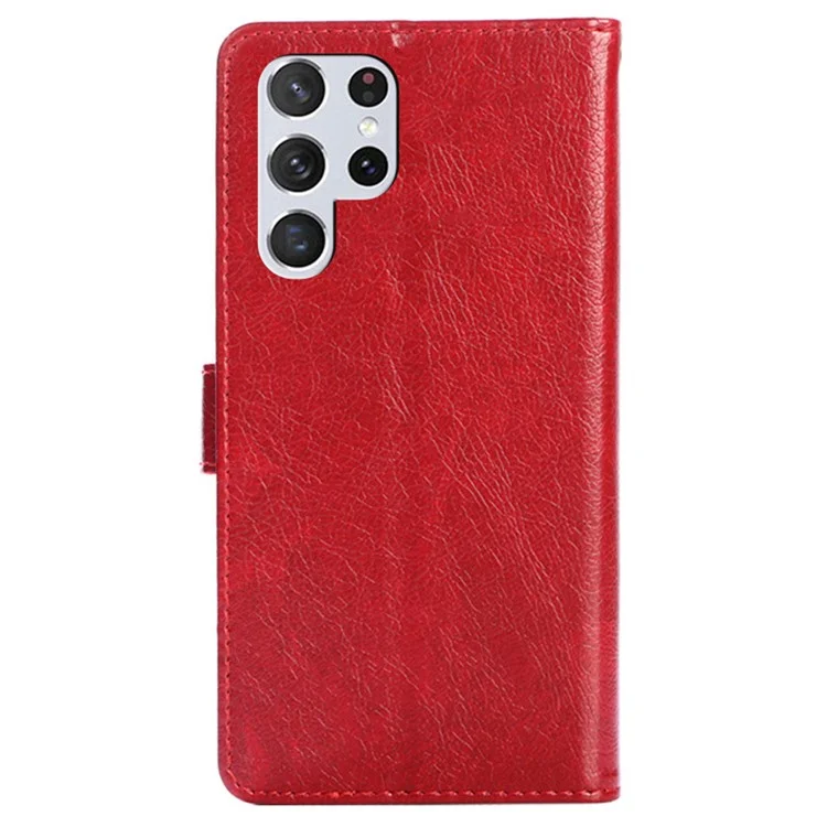 Per Samsung Galaxy S23 Ultra Zipper Pocket Phone Case PU Leather Foldable Stand Wallet Cover with Handy Strap - Rosso