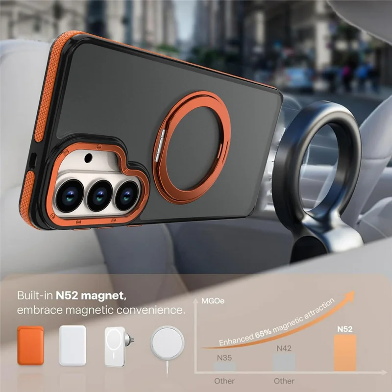 For Samsung Galaxy S24  /  S25 Magnetic Case Double Color Rotating Ring Kickstand PC + TPU Phone Cover - Orange