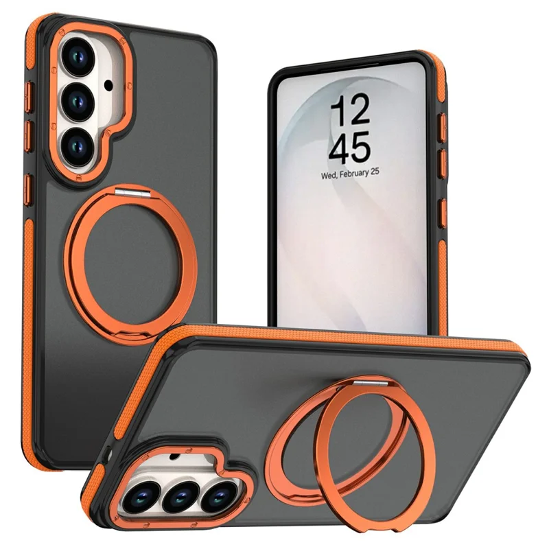 For Samsung Galaxy S24+  /  S25+ Magnetic Case Double Color Rotating Ring Kickstand PC + TPU Phone Cover - Orange