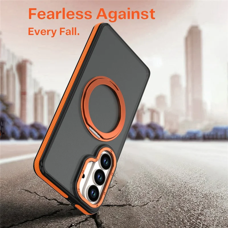 For Samsung Galaxy S24+  /  S25+ Magnetic Case Double Color Rotating Ring Kickstand PC + TPU Phone Cover - Orange