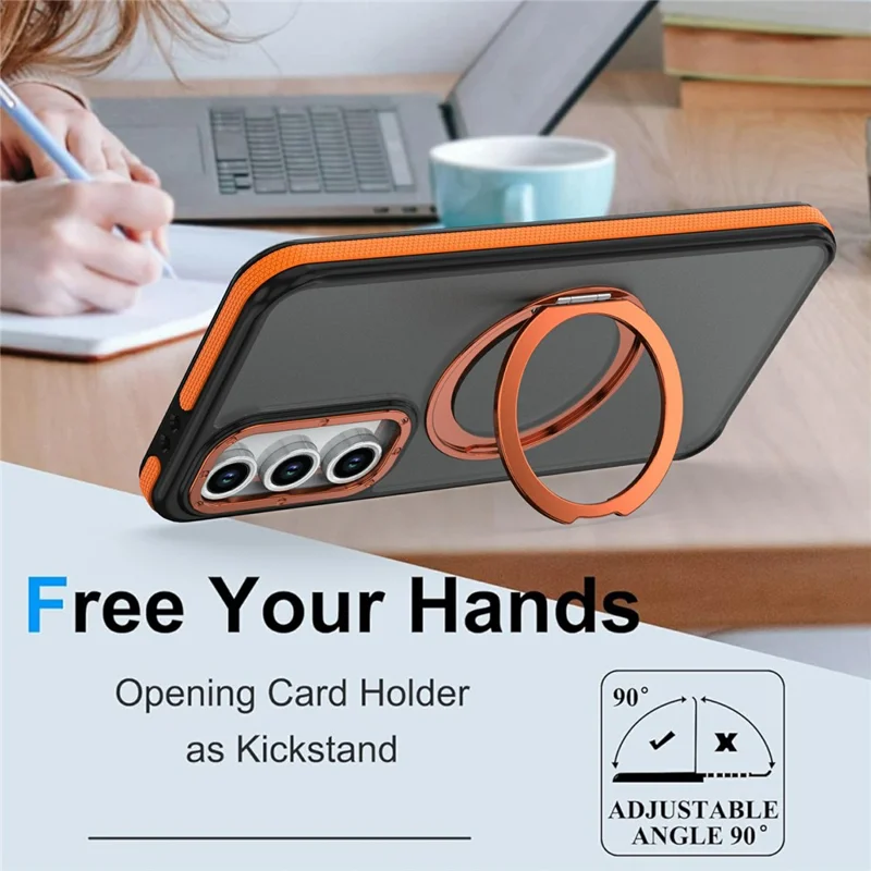 For Samsung Galaxy S24 FE Magnetic Case Double Color Rotating Ring Kickstand PC + TPU Phone Cover - Orange