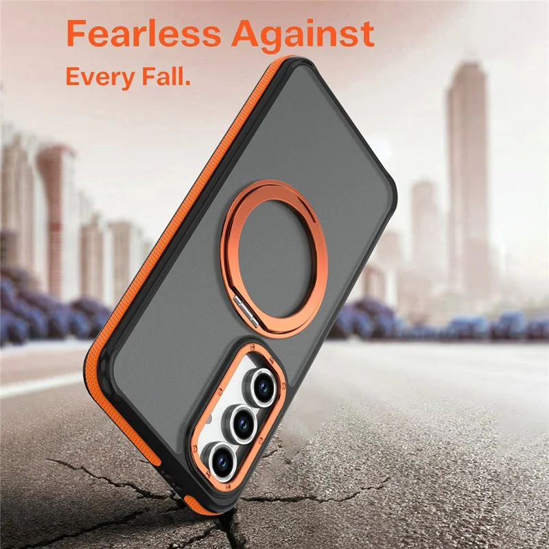 For Samsung Galaxy S24 FE Magnetic Case Double Color Rotating Ring Kickstand PC + TPU Phone Cover - Orange