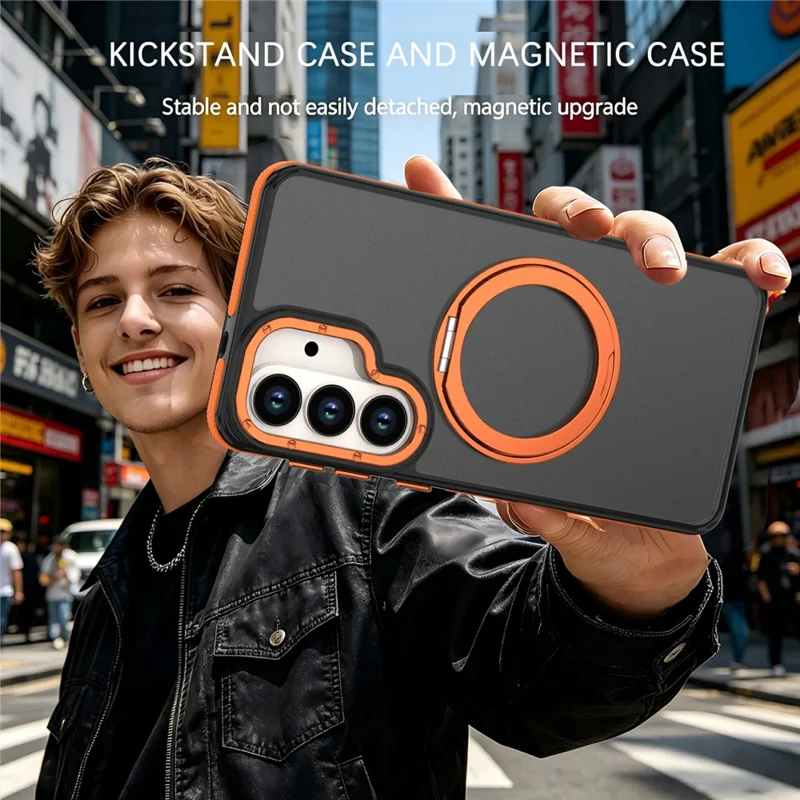 For Samsung Galaxy S26+ Magnetic Case Double Color Rotating Ring Kickstand PC + TPU Phone Cover - Orange