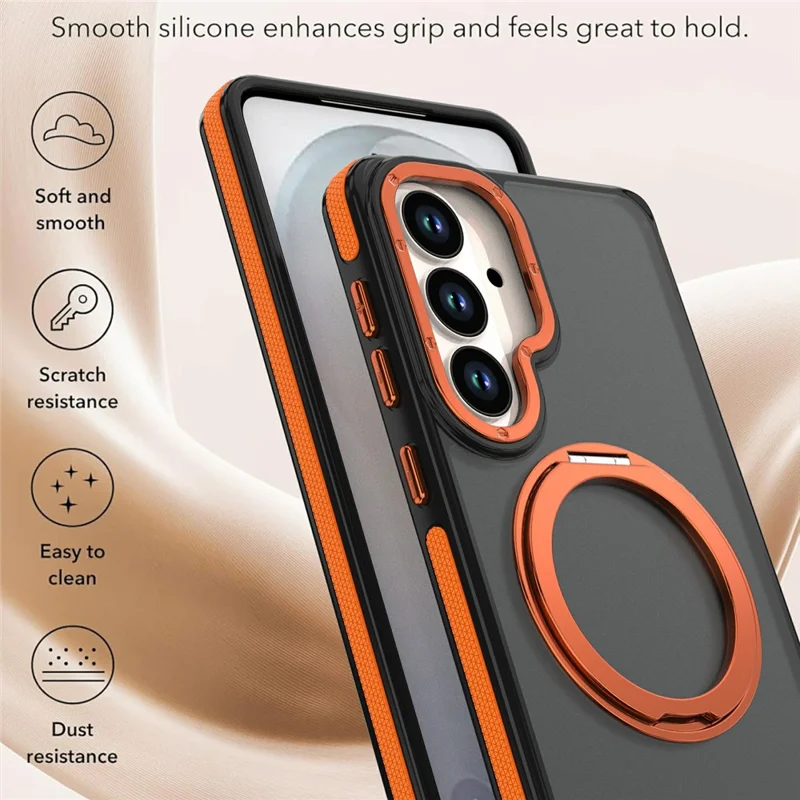 For Samsung Galaxy S26+ Magnetic Case Double Color Rotating Ring Kickstand PC + TPU Phone Cover - Orange