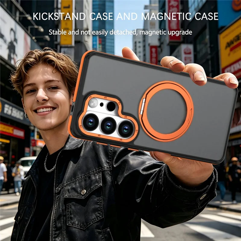 For Samsung Galaxy S26 Ultra Magnetic Case Double Color Rotating Ring Kickstand PC + TPU Phone Cover - Orange