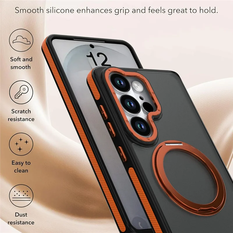 For Samsung Galaxy S26 Ultra Magnetic Case Double Color Rotating Ring Kickstand PC + TPU Phone Cover - Orange