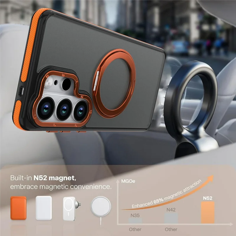 For Samsung Galaxy S26 Ultra Magnetic Case Double Color Rotating Ring Kickstand PC + TPU Phone Cover - Orange