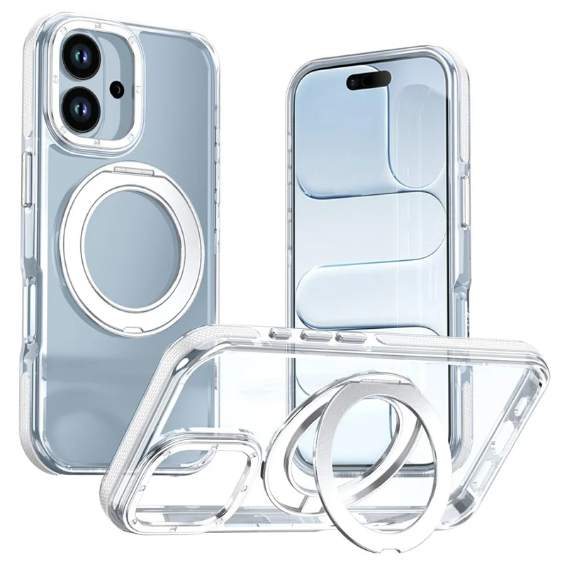Capa Magnética para iPhone 17 com Anel Giratório Suporte Traseiro Acrylic + TPU Transparente de Dupla Cor - Branco
