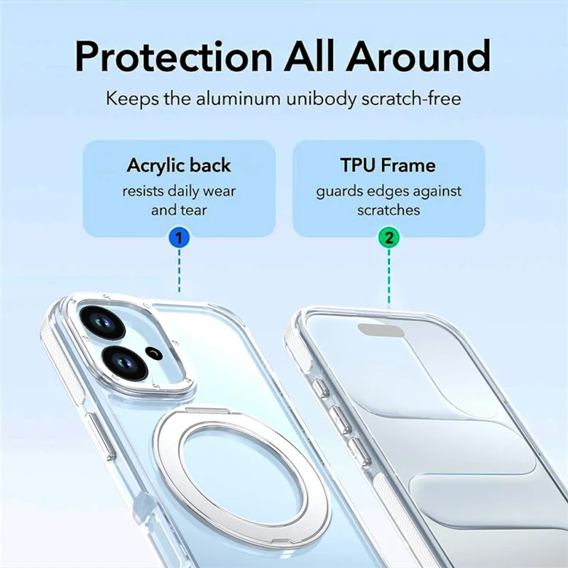 Capa Magnética para iPhone 17 com Anel Giratório Suporte Traseiro Acrylic + TPU Transparente de Dupla Cor - Branco