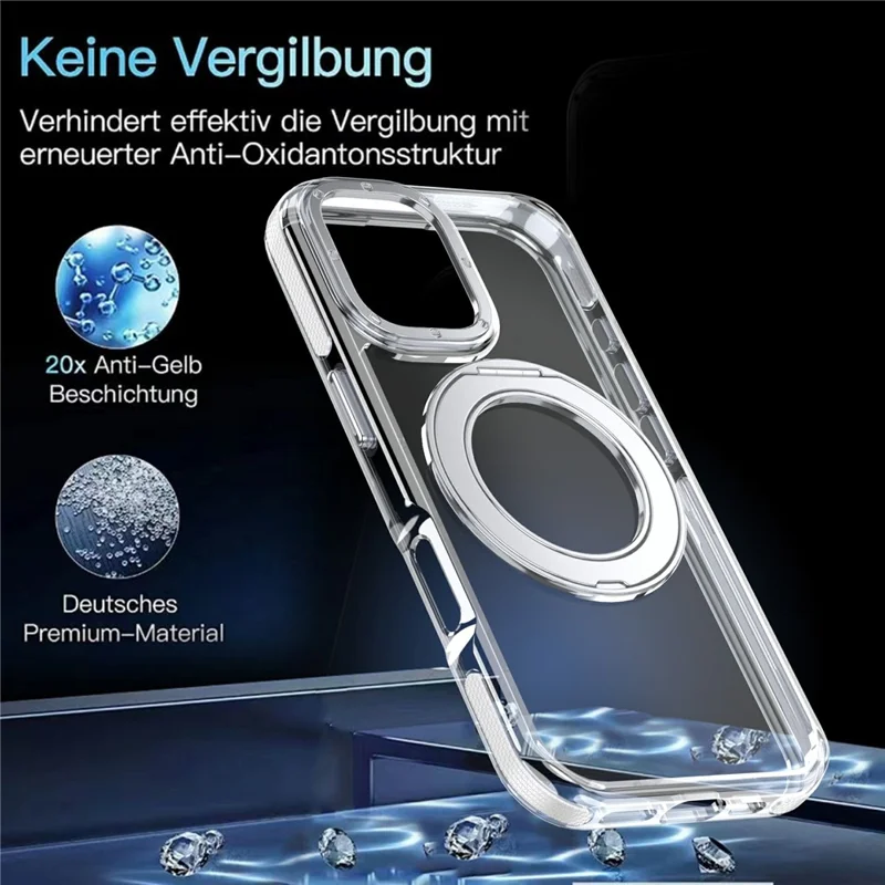 Capa Magnética para iPhone 17 com Anel Giratório Suporte Traseiro Acrylic + TPU Transparente de Dupla Cor - Branco