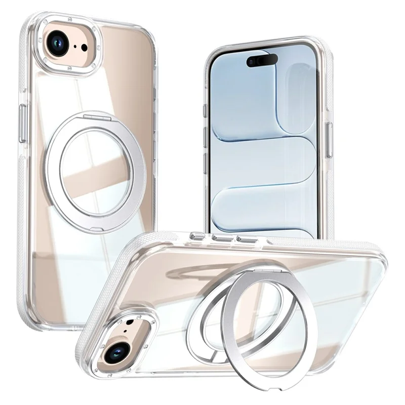 For iPhone 16e  /  17e Magnetic Case Rotating Ring Kickstand Dual Color Acrylic + TPU Clear Phone Cover - White