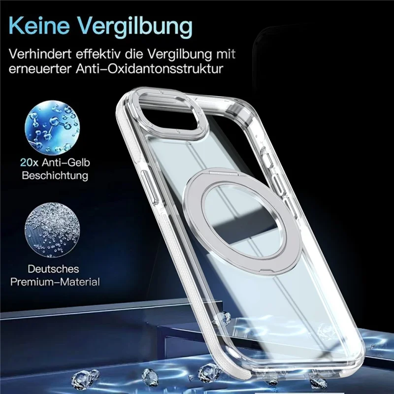 For iPhone 16e  /  17e Magnetic Case Rotating Ring Kickstand Dual Color Acrylic + TPU Clear Phone Cover - White
