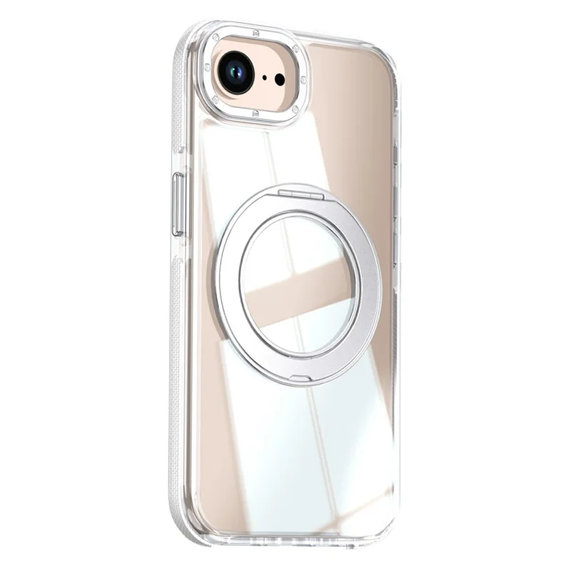For iPhone 16e  /  17e Magnetic Case Rotating Ring Kickstand Dual Color Acrylic + TPU Clear Phone Cover - White