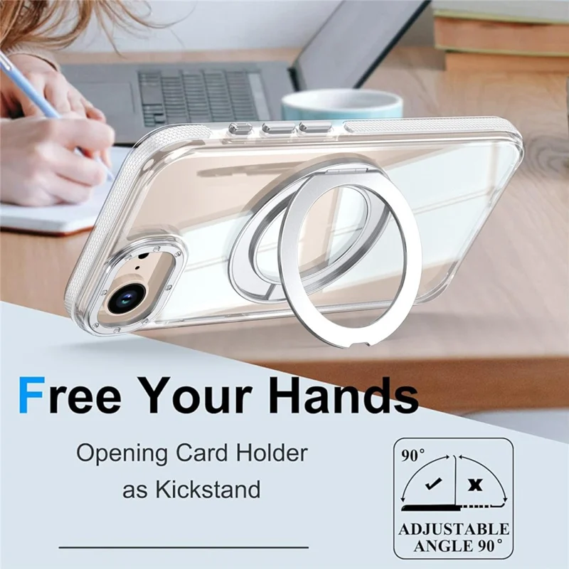 For iPhone 16e  /  17e Magnetic Case Rotating Ring Kickstand Dual Color Acrylic + TPU Clear Phone Cover - White
