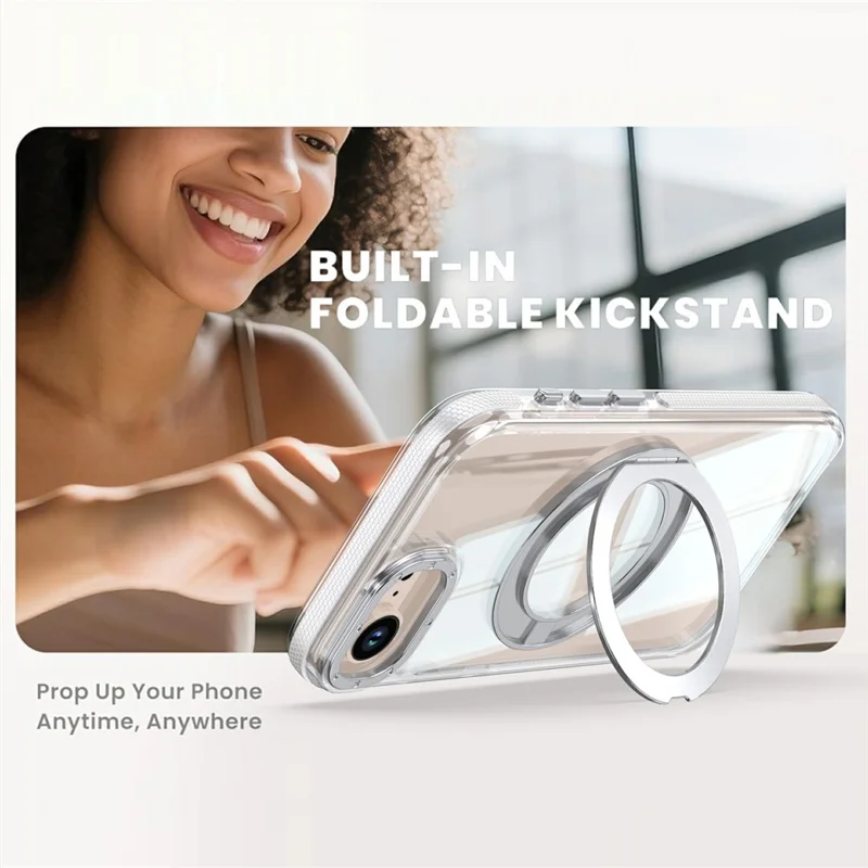 For iPhone 16e  /  17e Magnetic Case Rotating Ring Kickstand Dual Color Acrylic + TPU Clear Phone Cover - White