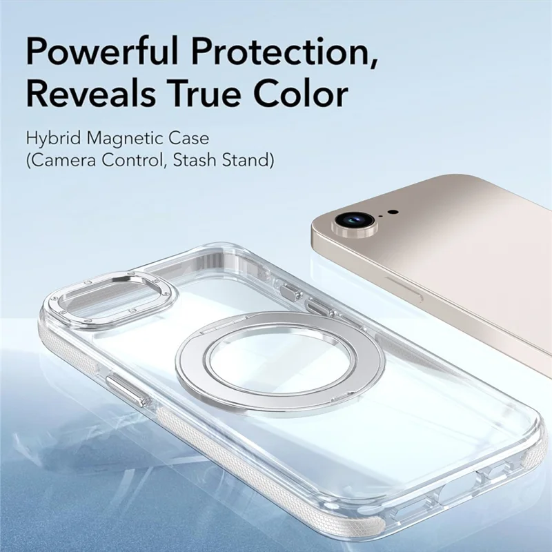 For iPhone 16e  /  17e Magnetic Case Rotating Ring Kickstand Dual Color Acrylic + TPU Clear Phone Cover - White